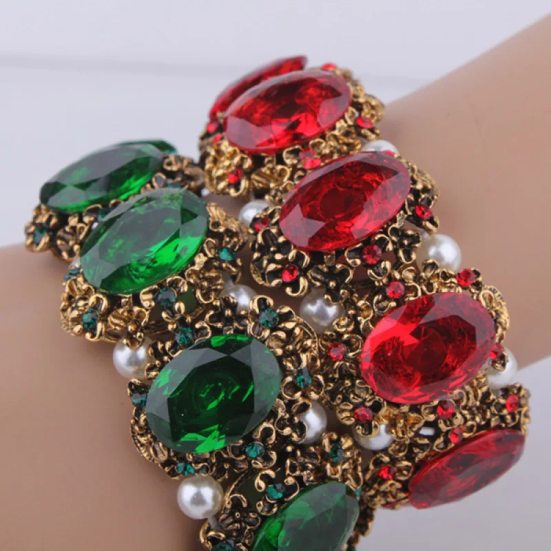 Women\'s Vintage Imitation Gem With Pearl Bracelet Elastic Bangles