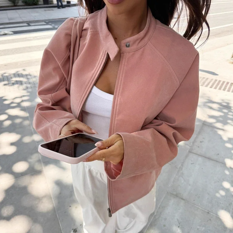 Tornova Fashion Suede Long Sleeve Jacket Women's Stand Collar Vintage Zipper Casual Loose Coat Autumn New Lady High Street Coat