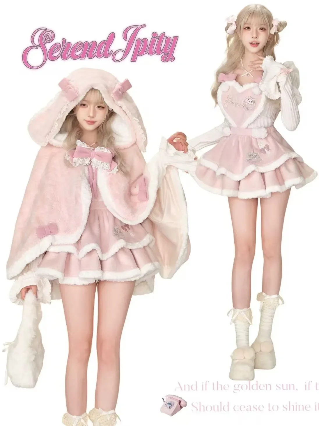 Roze Zoete Lolita Jurk 3-delige Set Herfst Winter Vrouwen Leuke Boog Bunny Capuchon Mantel Kawaii Cartoon Slanke Jurken Gothic Y2k Pak