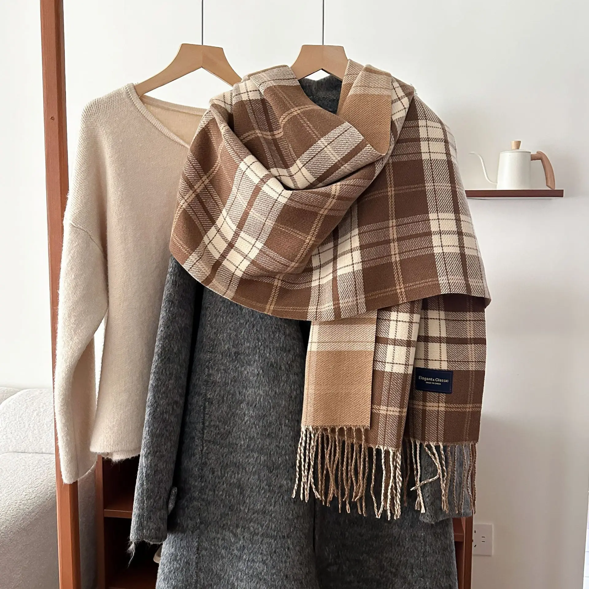 Reversible Plaid Tassel Scarf for Women Men Warm Winter Neck Wrap Soft Preppy Style Shawl for Couples Daily Wear