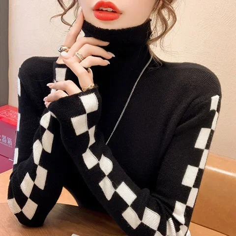 

Knitted Women's Autumn Winter New Korean Version Temperament Versatile Long-sleeved TopTurtleneck Plaid Undershirt Sweater