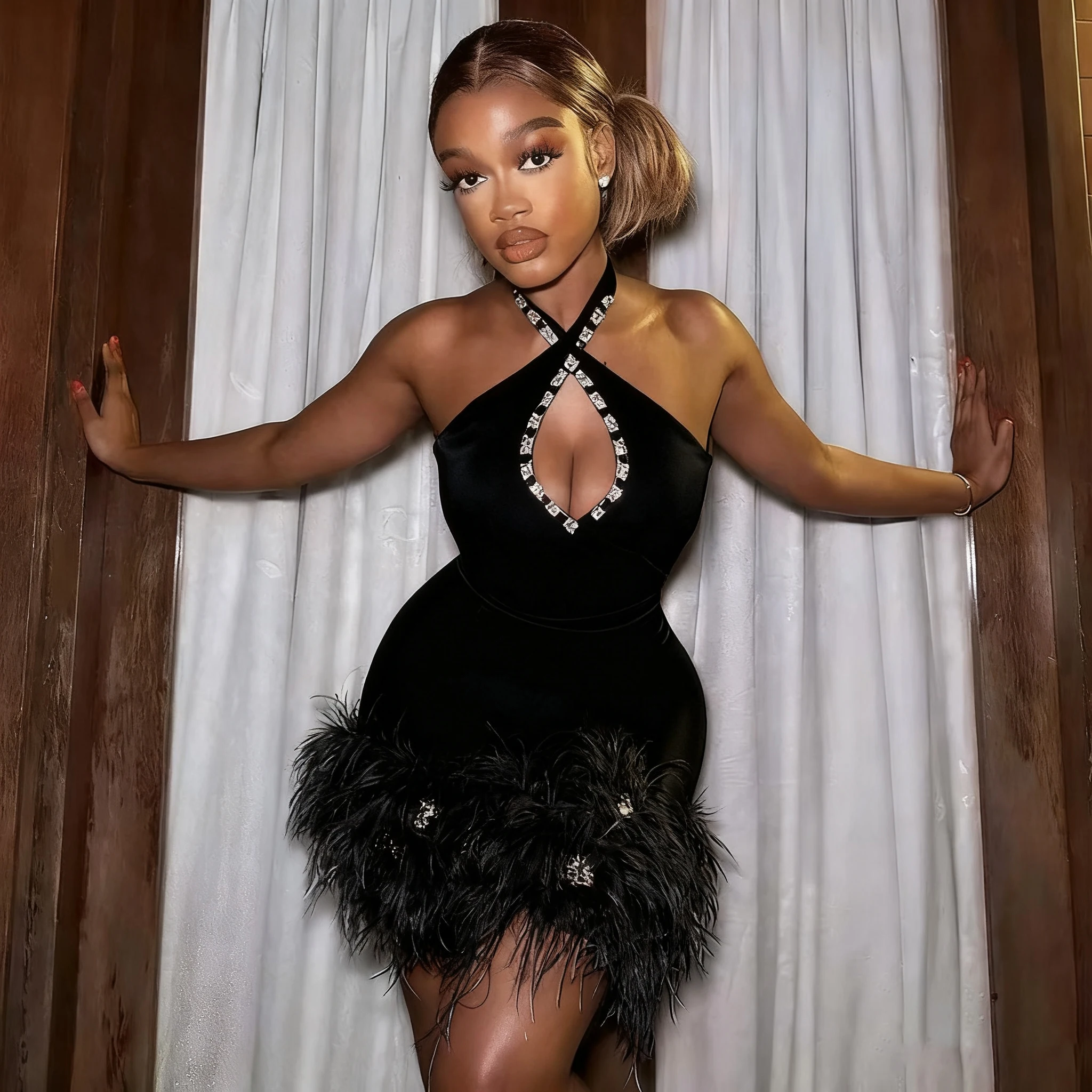 Women's Black Feather Trim Evening Dress Rhinestone Halter Neck Bodycon Party Gown for Prom Night Clubwear