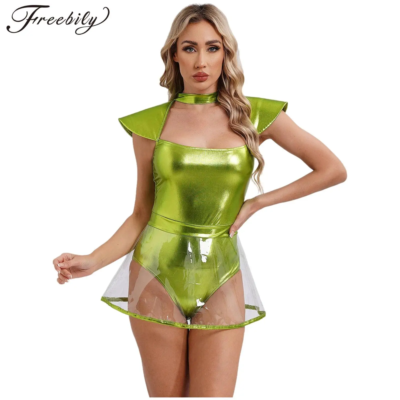 Green Women Alien Cosplay Halloween Costume One-piece Fly Sleeve Cutout Bodysuit with PVC Skirt Femme Carnival Festival Dress Up