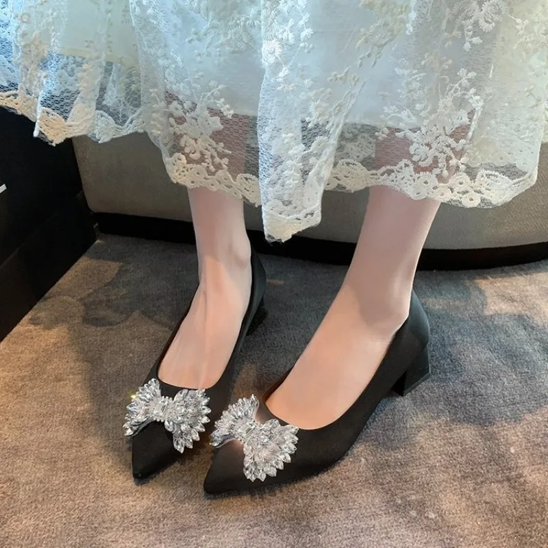 2026 Spring Autumn Black Suede Women's Shoes Pointed Toe Rhinestone Bow Buckle Strap Wedges Heels 3cm Shallow Mouth Ladies Shoes view 3