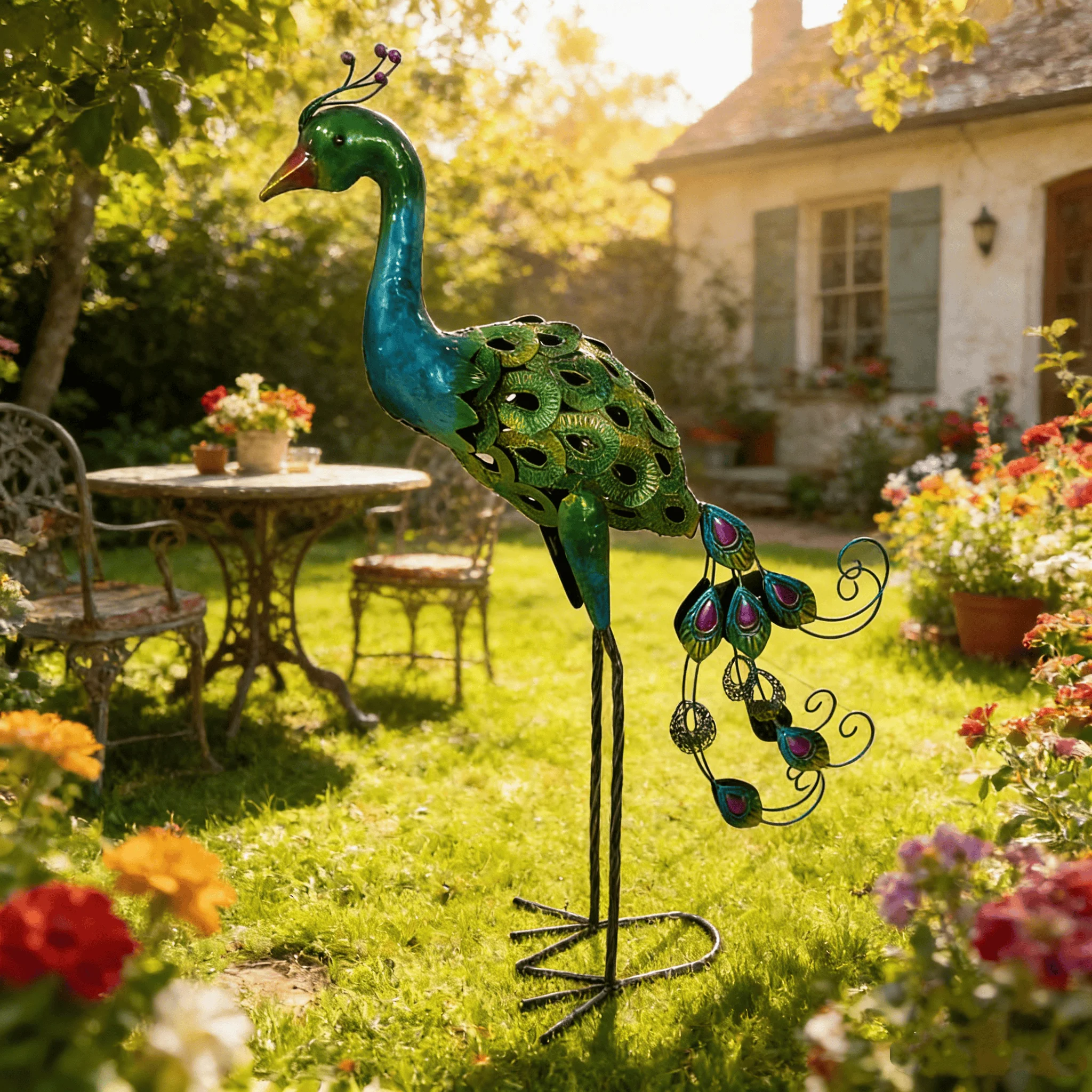 33,5 Zoll Farbenfrohe Metall-Pfauen-Statue für Garten, Hof und Rasen - Outdoor-Skulptur Geschenk Metall-Pfauen-Kunstwerk