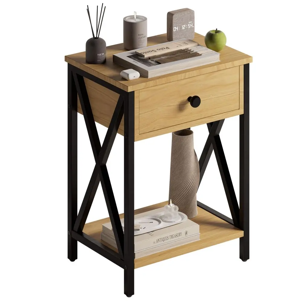 Mesa de Noche Vintage para Recámara con Cajón y Doble Repisa de 55x30 cm, para Sala o Recámara Buro Minimalista. Mesa Auxiliar