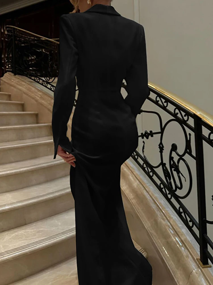 JULISSA MO Sexy V-neck High Slit Button Women Maxi Dress Black Long Sleeve Evening Dress Female Winter Slim Elegant Party Dress