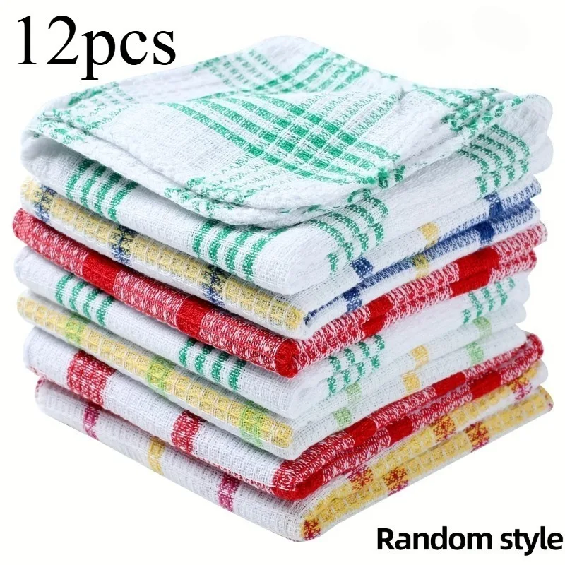 12-Pack Checkered Kitchen Towels - Double-Sided Lint-Free Dish Cloths, Highly Absorbent Cotton Cleaning Rags for Dishes