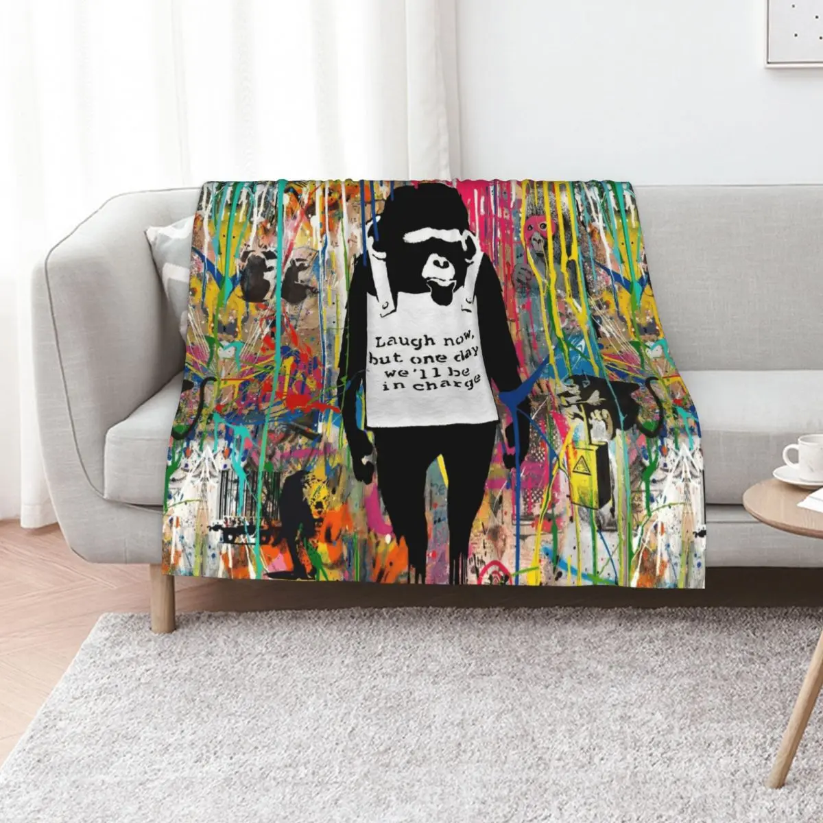 

Banksy Animals Graffiti Stencil Art Collage Laugh Now Chimp Throw Blanket Sofa Throw Extra Large Throw sofa bed Blankets