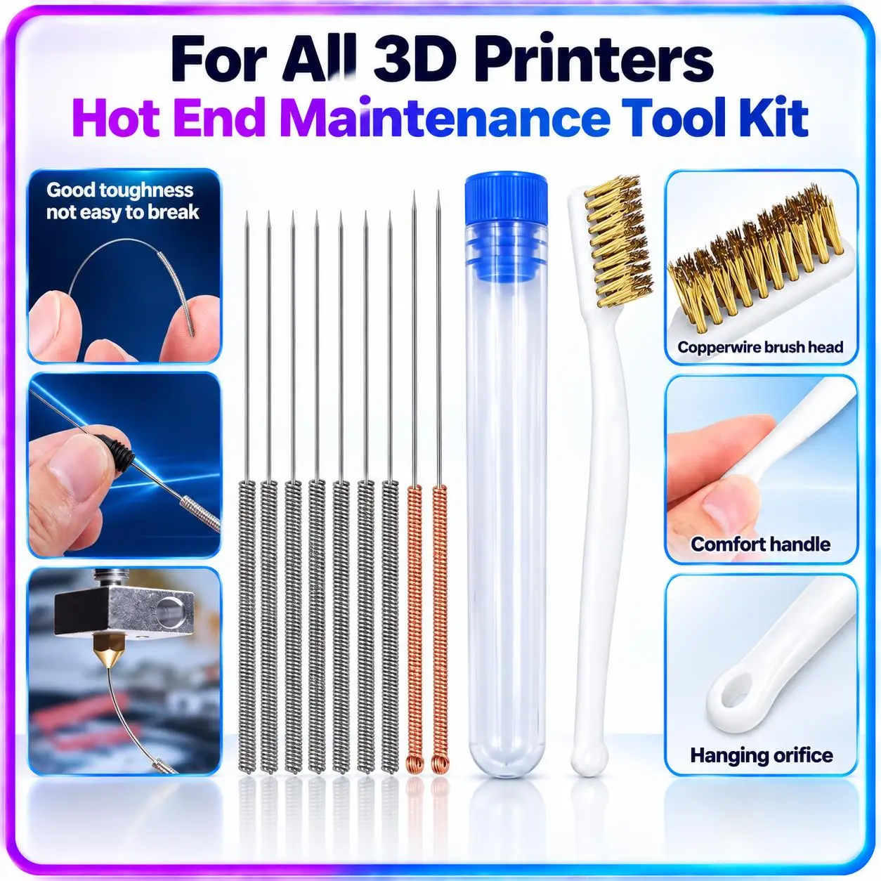 3D Printer Hot‑End Maintenance Tool for Flashforge Creator 5 C5 Pro Bambu Lab Hotend Cleaner Nozzle Cleaning Needles Brass Brush