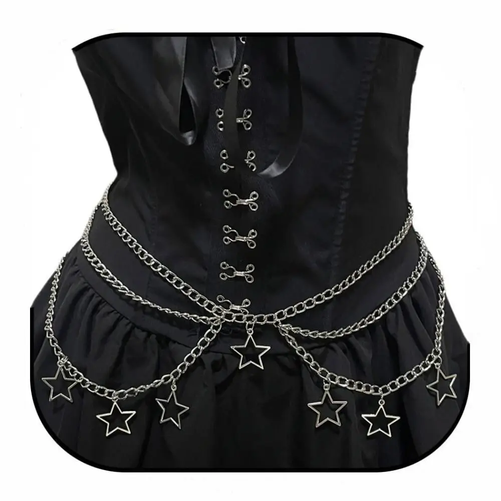Hollow Out Five-Pointed Star Waist Chain Gold Color Silver Metal Waist Chain Geometric Double-layer Bohemian Body Chain
