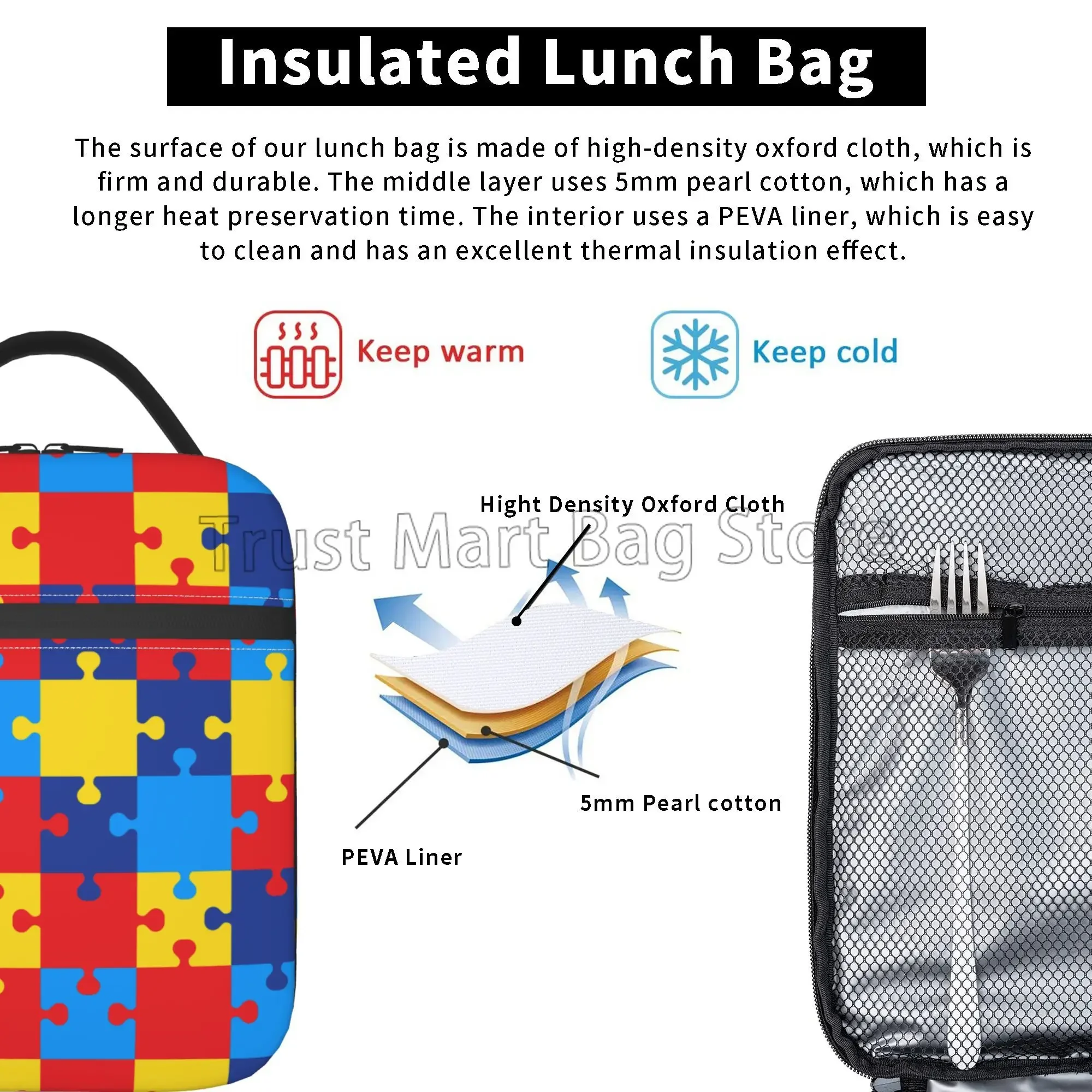 Autism Awareness Lunch Bags for Women Colorful Puzzle Piece Lunch Bag Water-resistant Thermal Bento Tote for Work Picnic Beach