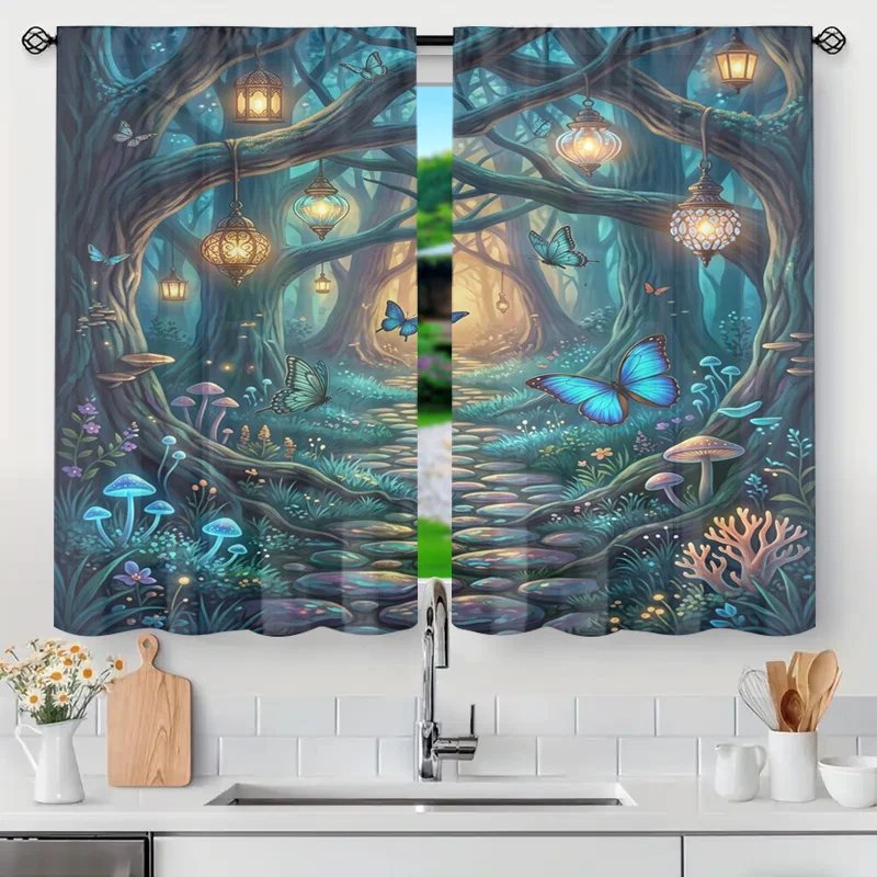 Mystical Woodland Forest Curtains Drapes Blue Green Fantasy Aesthetic Fairy Garden Mushroom Glow Lanterns Window Home Decor Pane