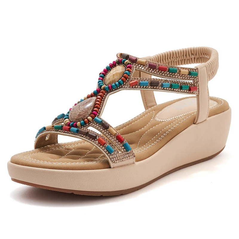 Ethnic Style Bohemian Retro Beaded Elastic Band Rhinestone Heel Sandals For Women's Thick Sole Casual And Comfortable New view 2