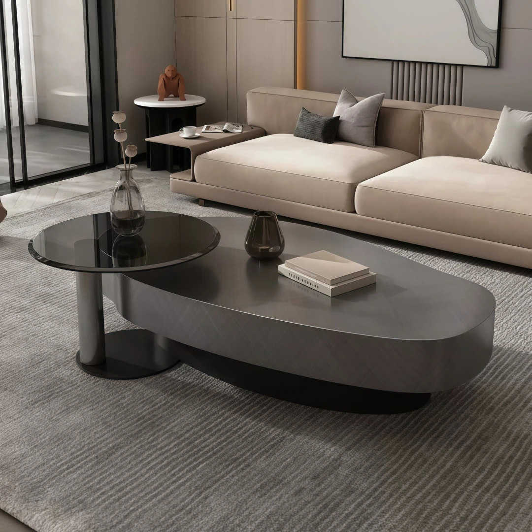 xx- Light Luxury Modern Simple Stainless Steel Oval Designer Coffee Table for Apartment Home Living Room High End Texture&