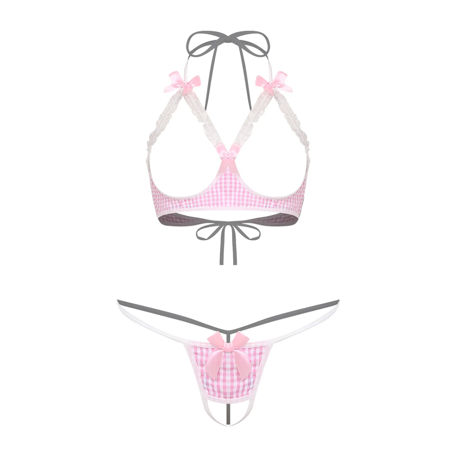 Womens Schoolgirl Maid Uniform Bikini Nightwear Halter Mini Bra Top with T-back Thong Micro Briefs Anime-style Lingerie Outfits - Image 2
