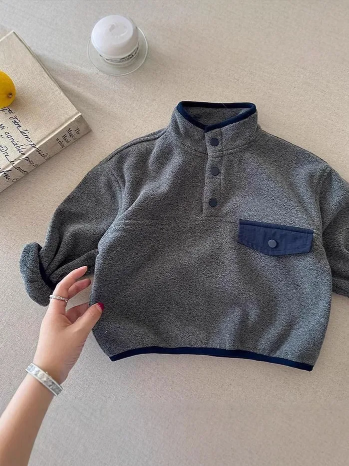 2025 Winter New Children Fleece Sweatshirt Plus Velvet Thick Boys Girls Solid Casual Pullover Baby Warm Tops Coat Kids Clothes