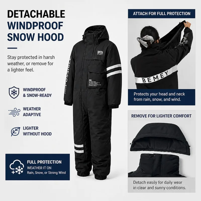 Winter Split Leg Windproof Cycling Clothing Outdoor Plush and Thickened Waterproof One-piece Ski Suit Fishing Cold Proof Clothes