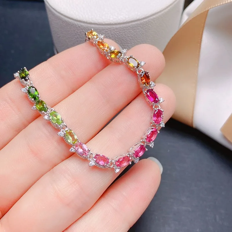 925 Sterling Silver Natural Tourmaline Simple Bracelet Gem Bracelet Ladies Wedding Jewelry 4*6 Mm Jewelry Luxury