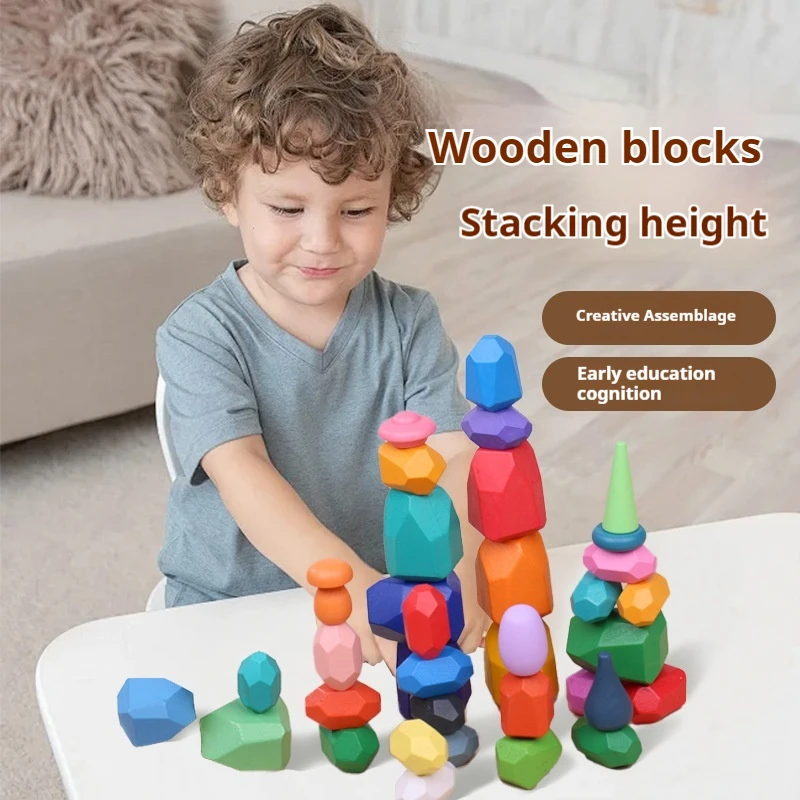 Child Puzzle Wooden Colored Stone Stacking Balance Stacking Stone  Block Toys Enlightenment Early Education Building Block Toys