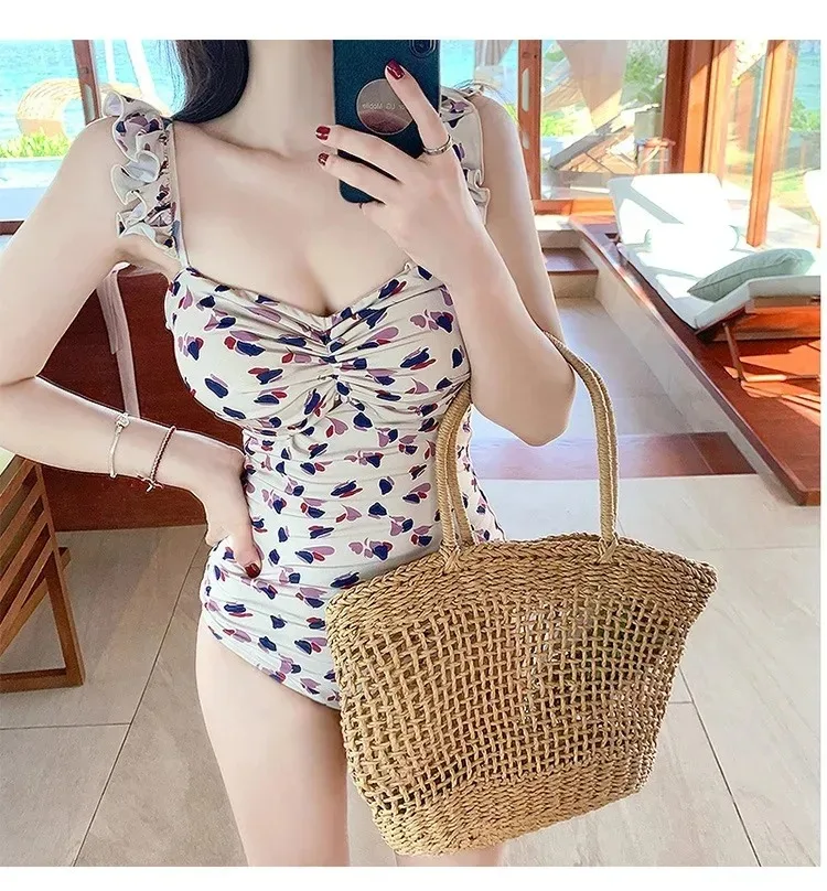 Traje de baño de una pieza con estampado floral para mujer, bikini elegante sin tirantes, bonito traje de baño de playa, traje de baño sin espalda de una pieza