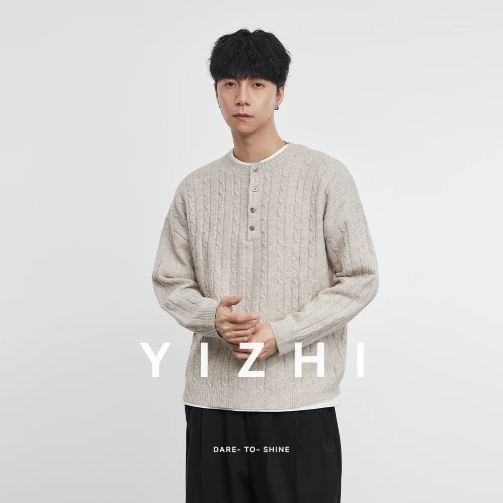 

Fashion Men's Casual Henley Neck Cable Knit Sweater 2025 Winter New Loose Fit Pullover Comfortable Soft Long Sleeve Jumper Top