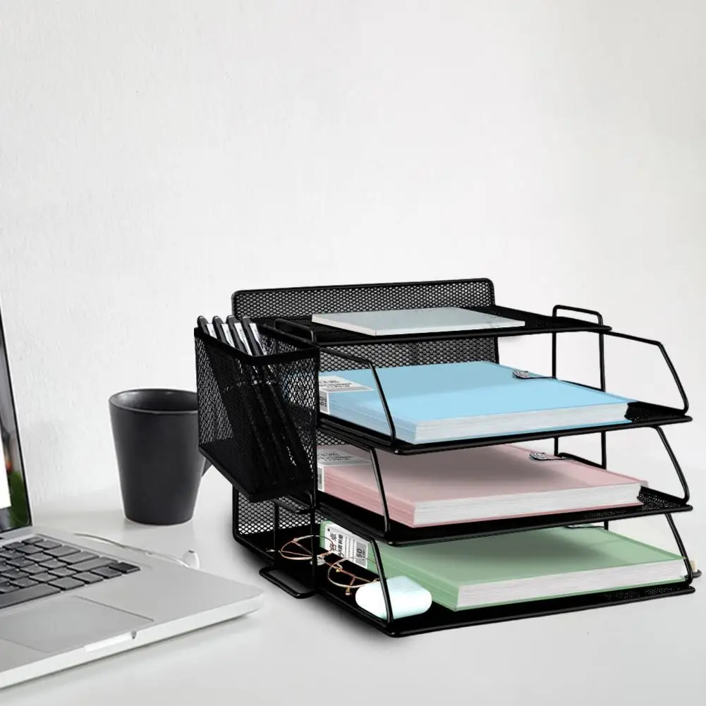 4-Tier Office Storage Rack with Pen Holder A4 Paper Storage Tray Metal Mesh Organizer File Stand Desktop Organizer Storage Rack