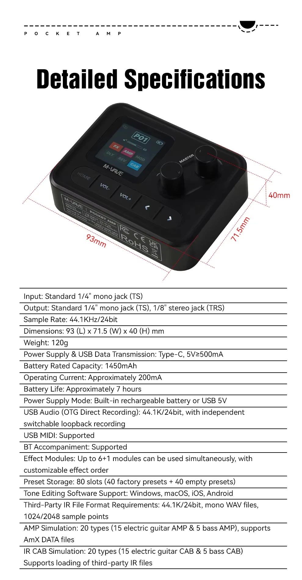 M-VAVE POCKET AMP Pocket AMP Portable Guitar Pedal HD Display Amp Sims BT Silent Practice for Electric Guitar Bass