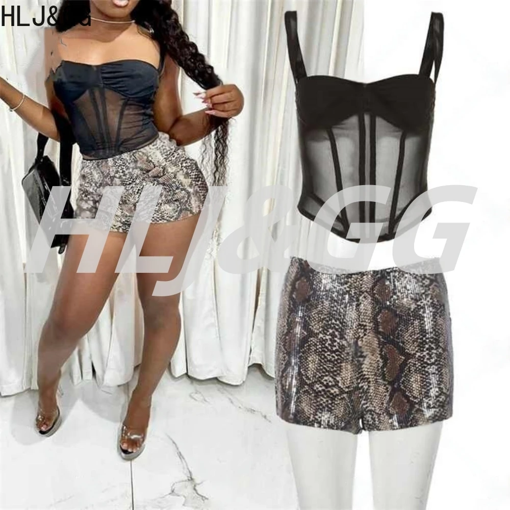 HLJ&GG Sexy See Though Corset Two Piece Sets Women Spaghetti Strap Sleeveless Slim Tank Top And Sequin Sequin Shorts Outfit 2025