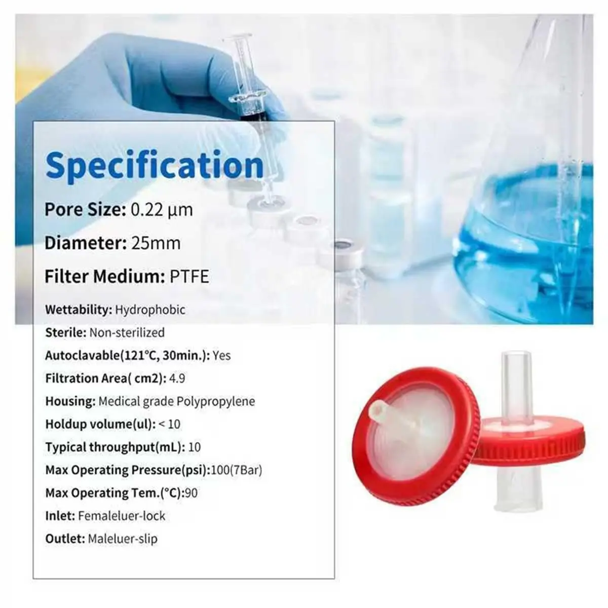 THANKYOU Syringe Filters with Hydrophobic PTFE Membrane, 100PCS, 0.22um Pore Size, 25mm Disc, Non-Sterile, High Throughput