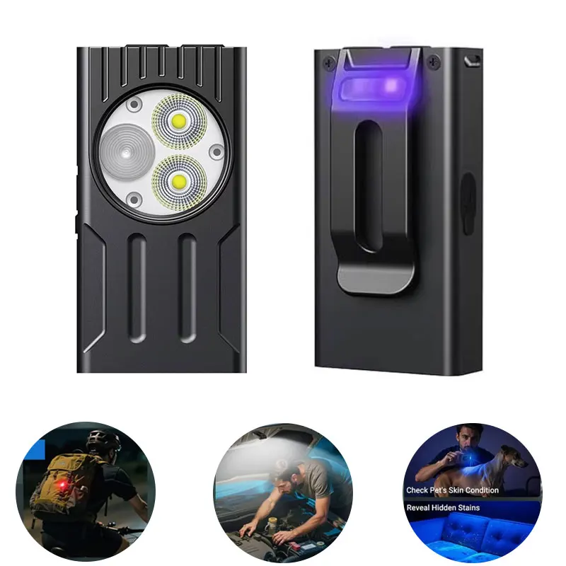 Portable USB Rechargeable EDC Flashlight Mini Outdoor Waterproof Performance Torch With clip Multiple Lamp Modes UV light