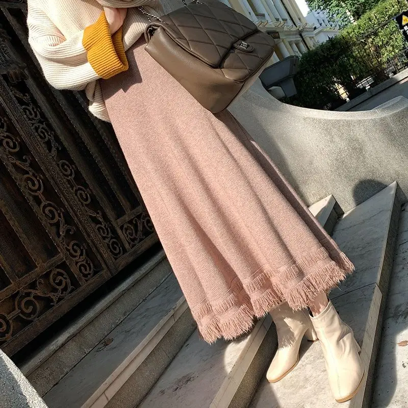

Трикотажное Шерстяное Платье-трапеция средней длины с бахромой, женская утепленная юбка в стиле ретро, приталенная юбка с высокой талией, Осень-зима 2024, LJ145