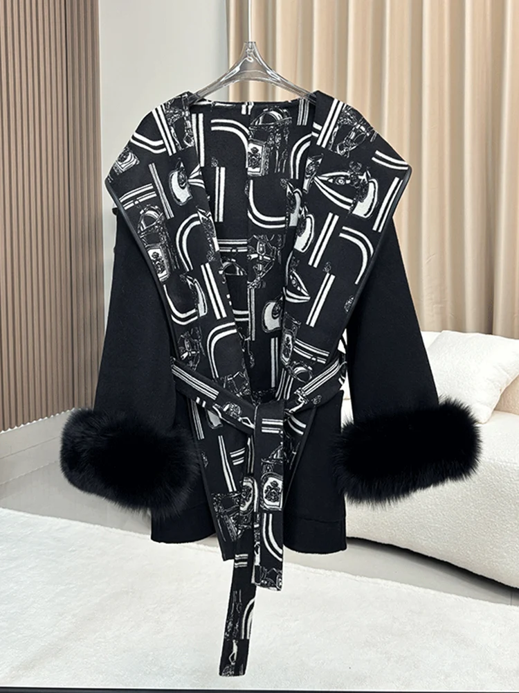 Fashion New Winter Woolen Jacket Women Natural Real Fox Fur Cuffs Thick Warm Wool Cardigan Coat Luxury Streetwear Outwear