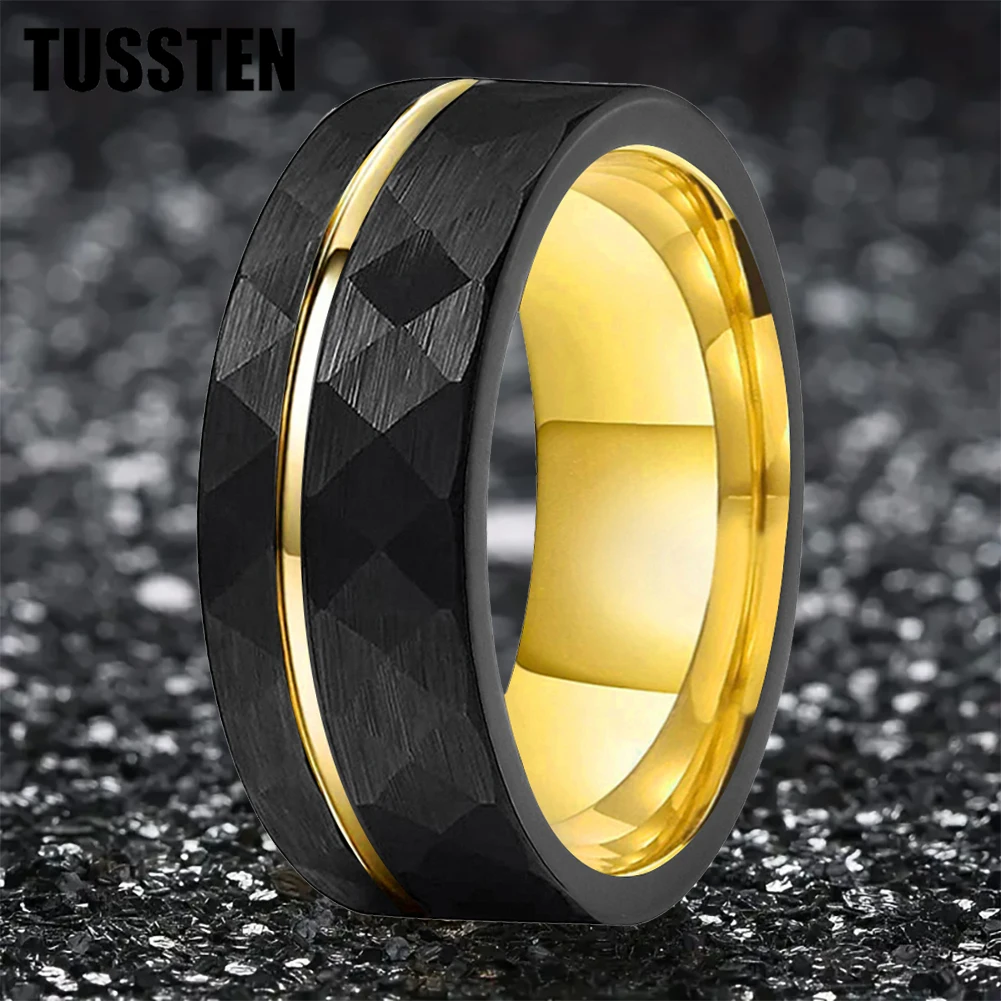 TUSSTEN 8mm Offset Line two-tone Plated Hammered Tungsten Ring for Men Women Fashion Engagement Wedding Band Comfortable Fit