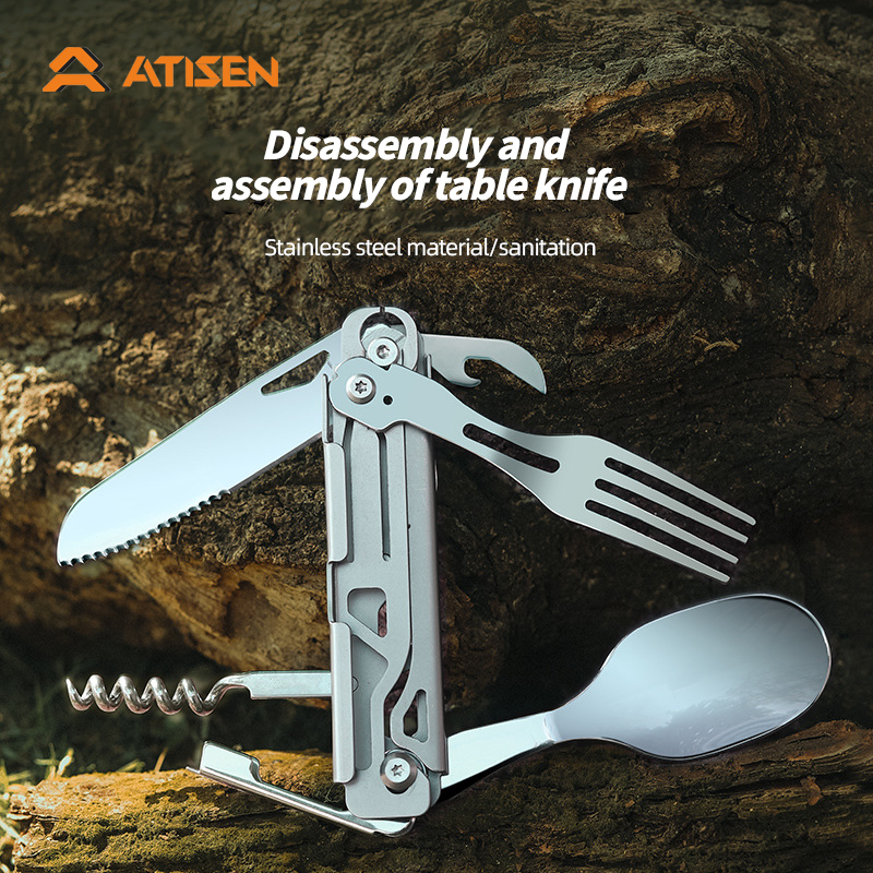  Multifunctional tableware Portable Stainless Steel Rope Knife Card Outdoor Survival Camping Accessories Tool With Saw All In One 