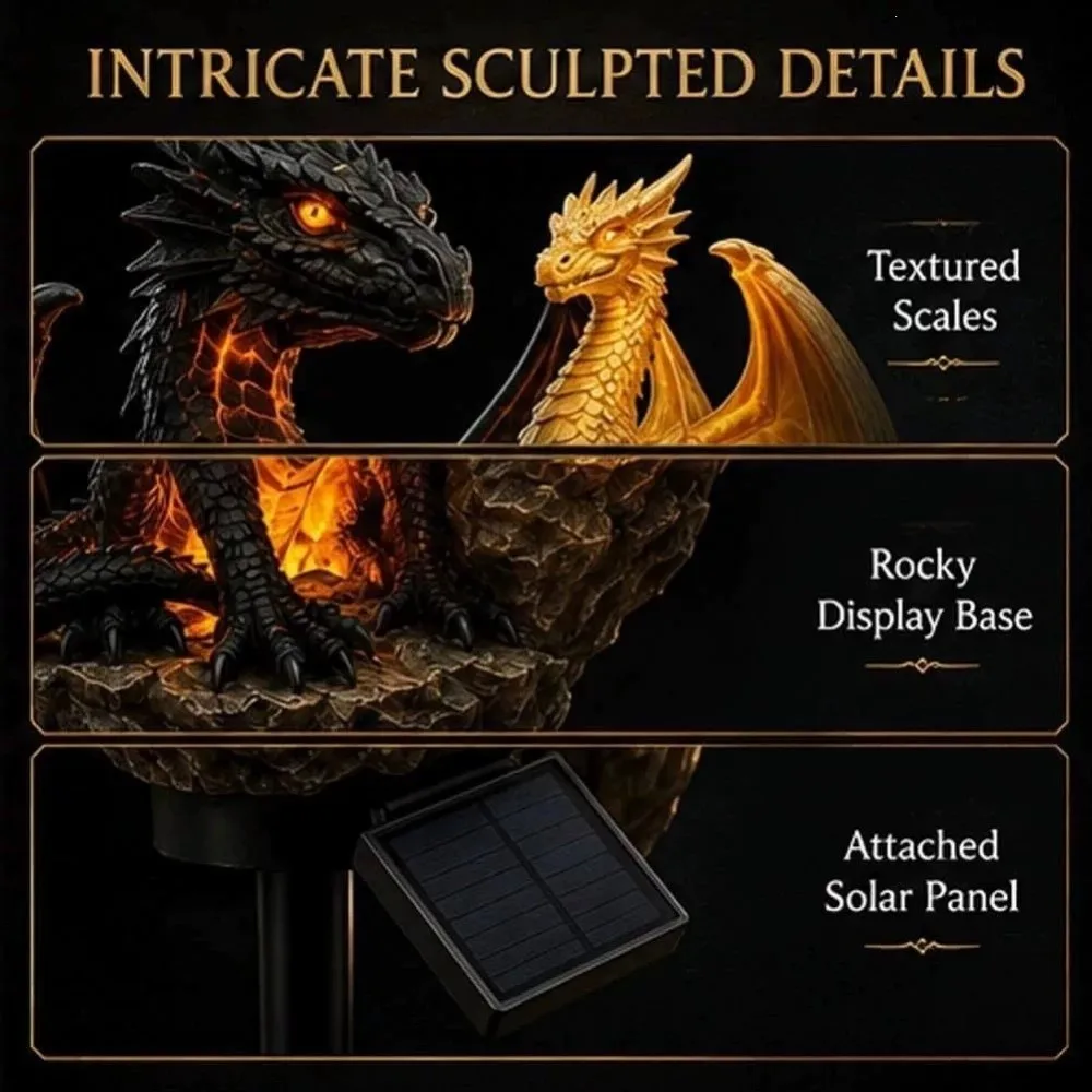 Soft Warm Glow Dragon Solar Garden Light Dragon Statue Gothic Shape Solar Dragon Stake Light Medieval Fantasy Animal
