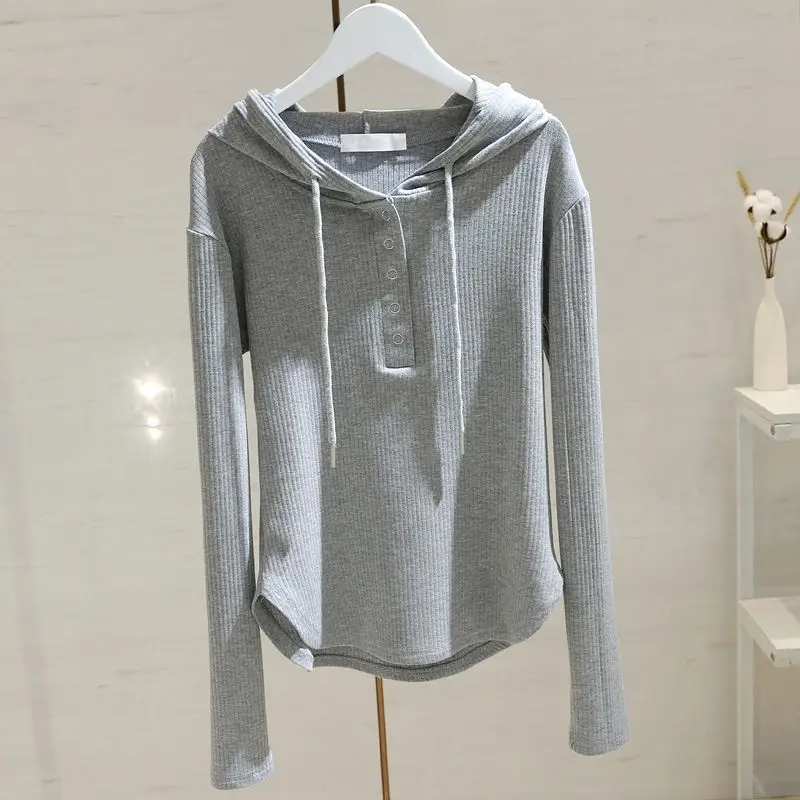 Spring Autumn Fashion Solid Hoodies Long Sleeve T-Shirts Women\'s Clothing Casual All-match Loose Button Simplicity Korean Tops