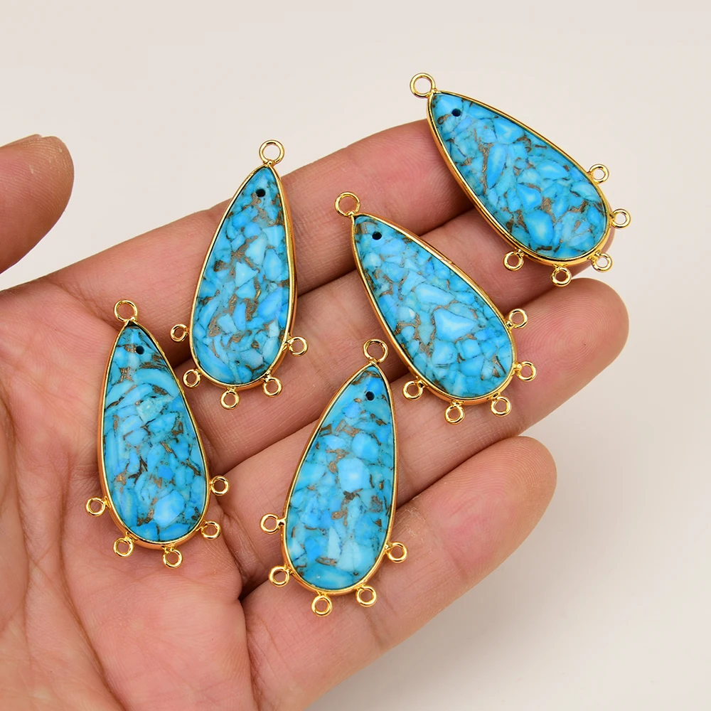 APDGG 5 Pcs 17x35mm Blue Golden Thread Turquoise Gold Plated Connector Water drop Pendant Necklace Bracelet Earrings Jewelry DIY