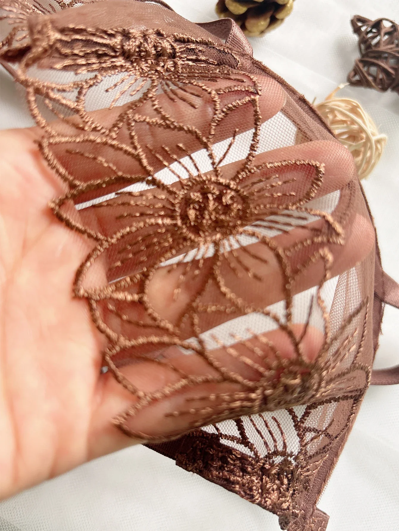 High-End Floral Embroidered Underwire Bra Set, Women's Mesh Unlined Bra + Panties