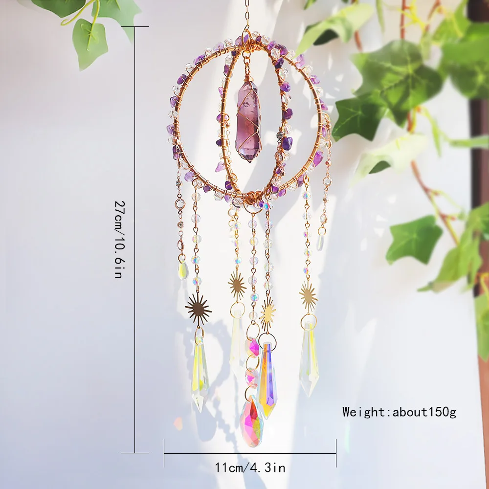 Custom Amethyst Chip Stone Interlocking Double Circle Sun Catcher - Glass Pendants Hanging Ornament for Window Decor