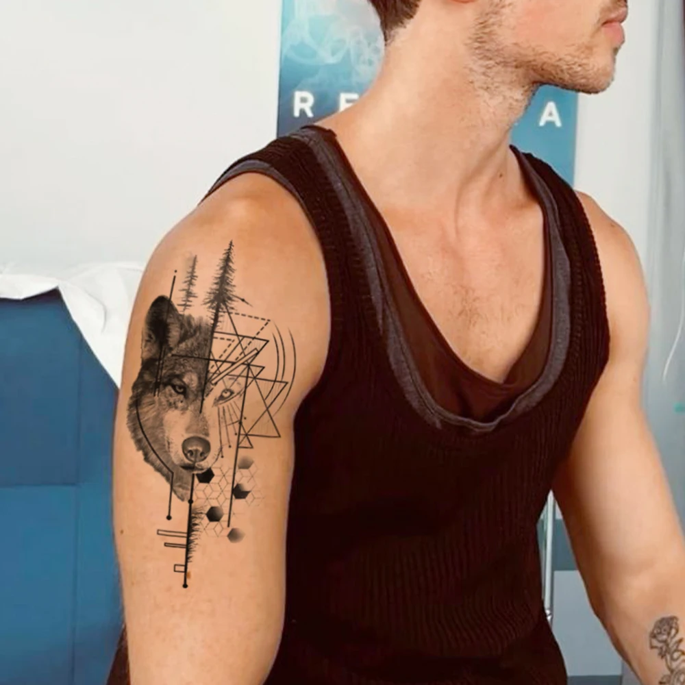 مقاوم للماء المؤقتة الوشم ملصق الغابات الذئب هندسية شرسة واقعية الحيوان الجسم الفن الذراع وهمية الوشم كم النساء الرجال #2