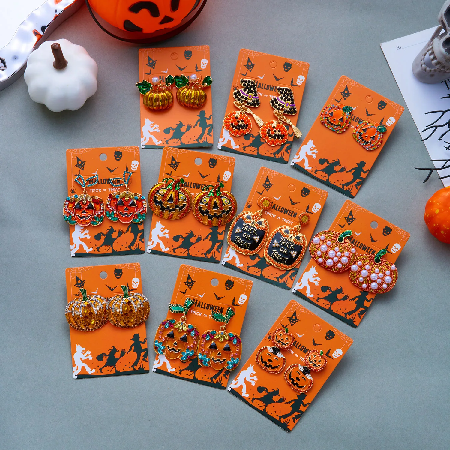 Halloween Pumpkin Series Earrings with Drill Embedded Pearls for Ladies Elegant Hip Hop Style Festival Party Jewelry Gifts