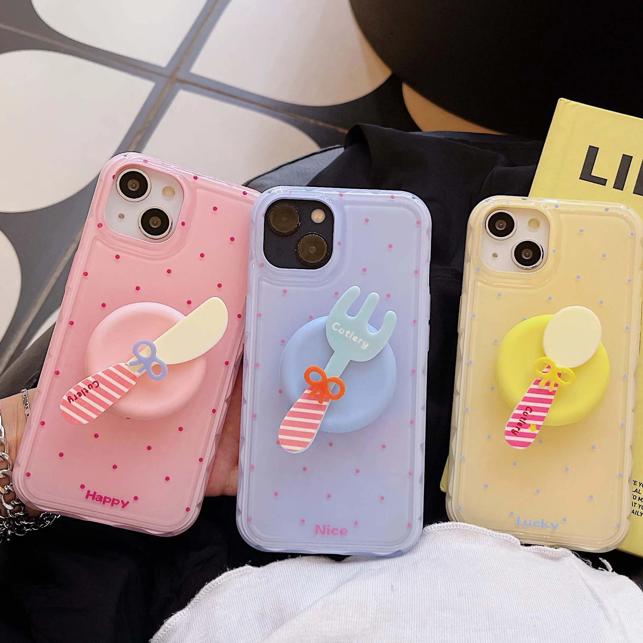 Ins cartoon knife and fork stand holder phone case for iphone 13 14 15 pro max 11 12 promax candy protector shell capa