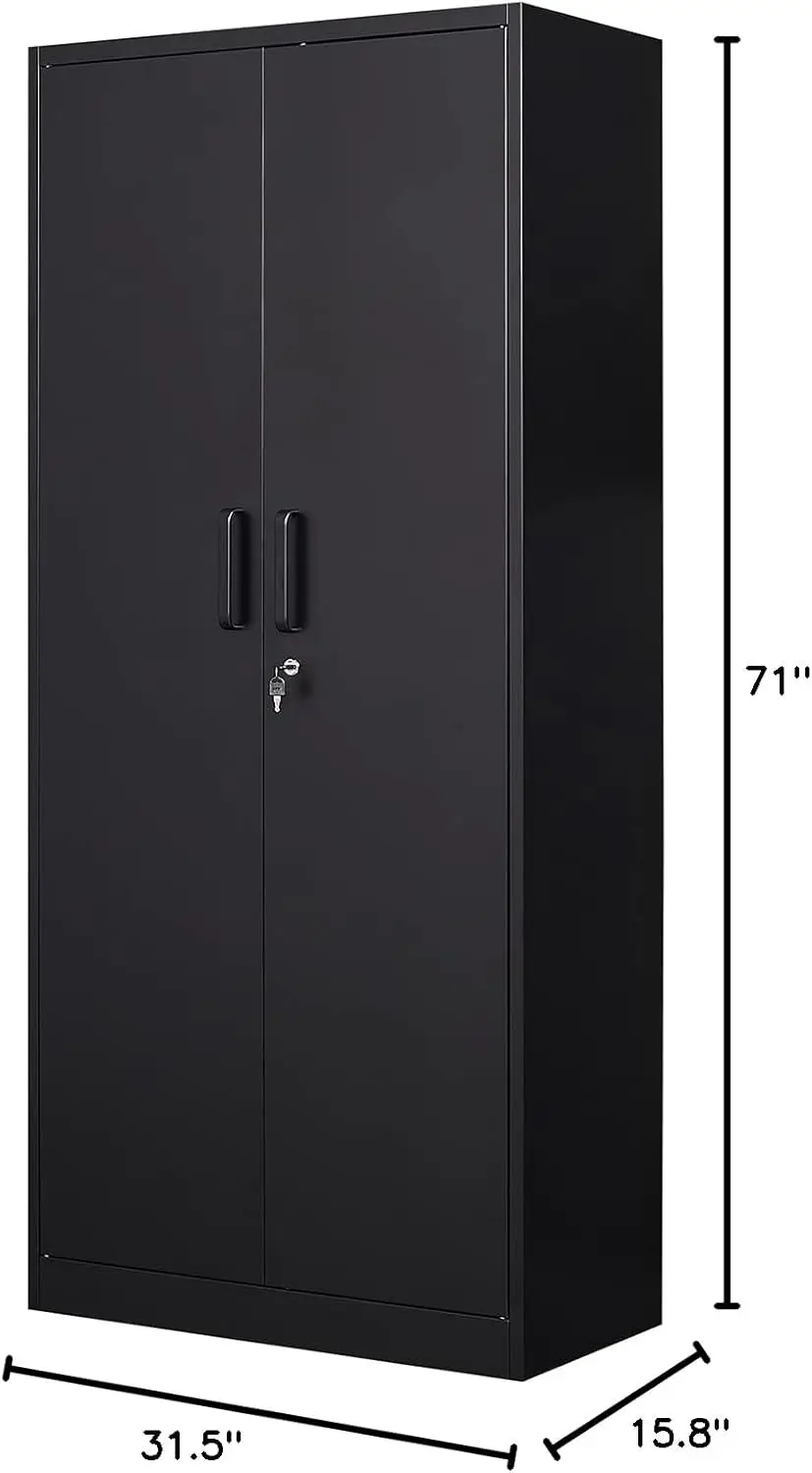 Metal Storage Cabinet with 2 Doors and 6 Shelves,Black Metal Cabinet with Lock,71" Lockable Garage Storage Cabinet,Locking Stora