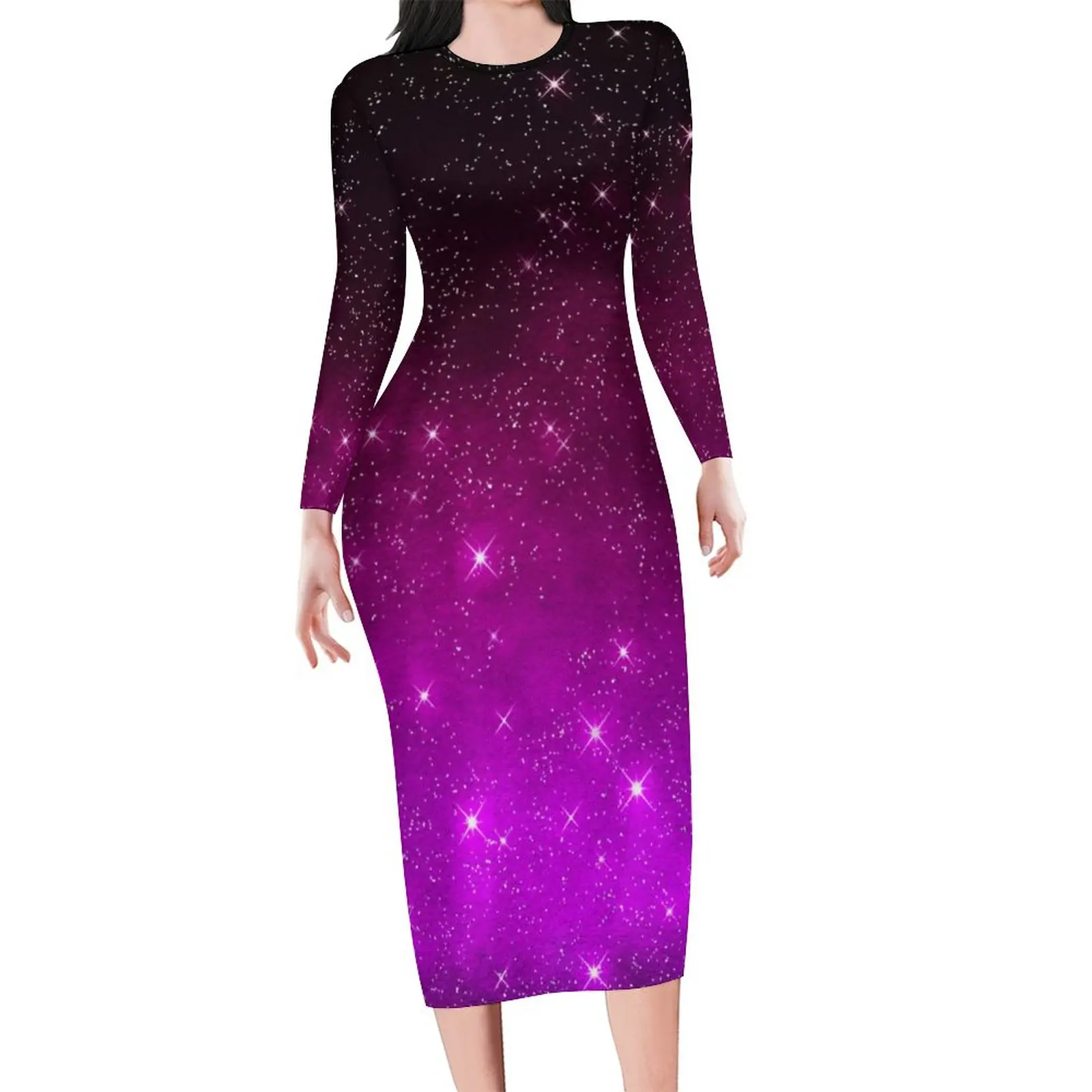 Rosa sternen klare Nacht kleid Langarm bunte Himmel drucken kawaii Kleider Frühling weibliche Streetwear Design Bodycon Kleid große Größe