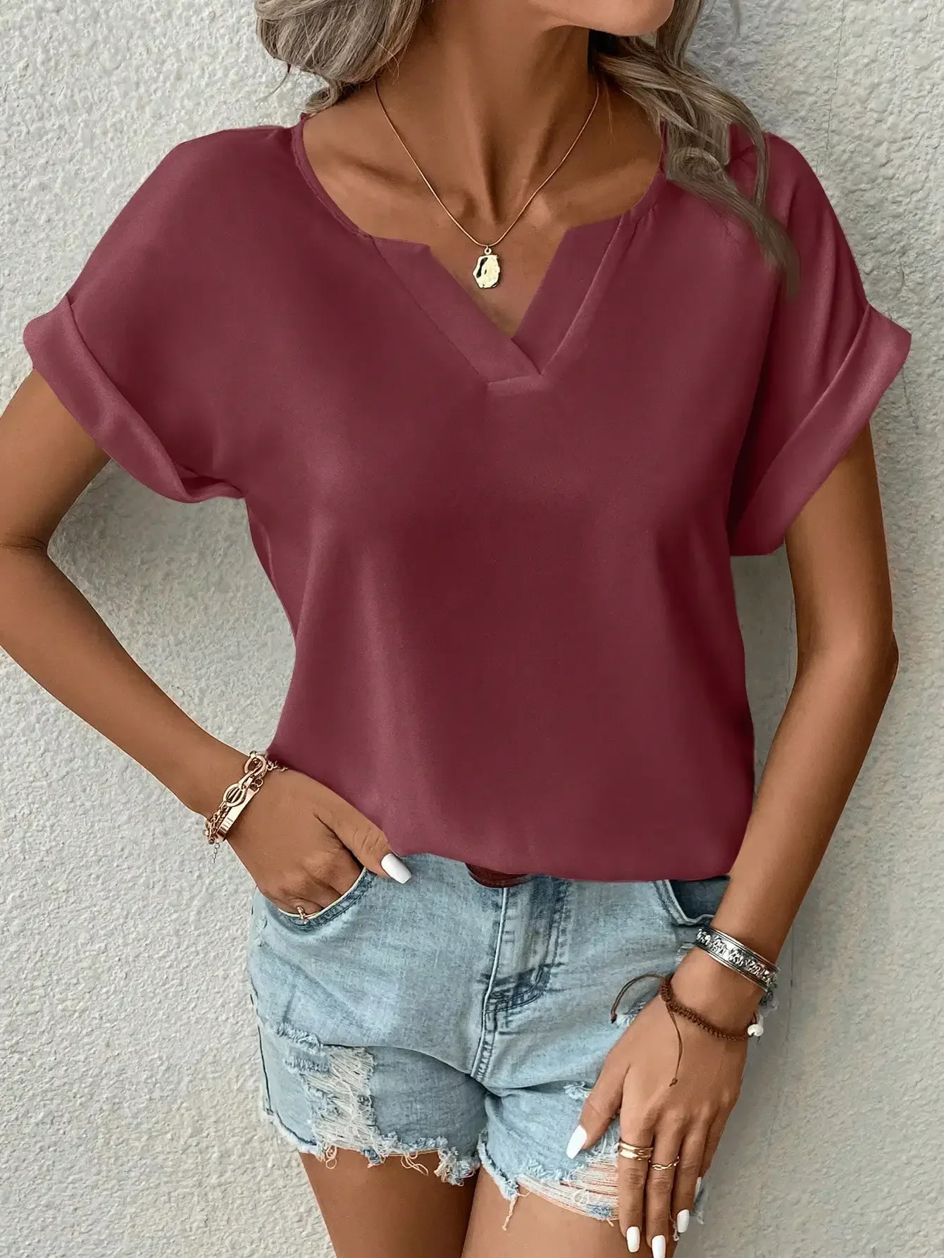 Women\'s Shirt Tops Casual Drop Shoulder Summer V-Neck Short Sleeve Burgundy Fashion Versatile T-Shirt