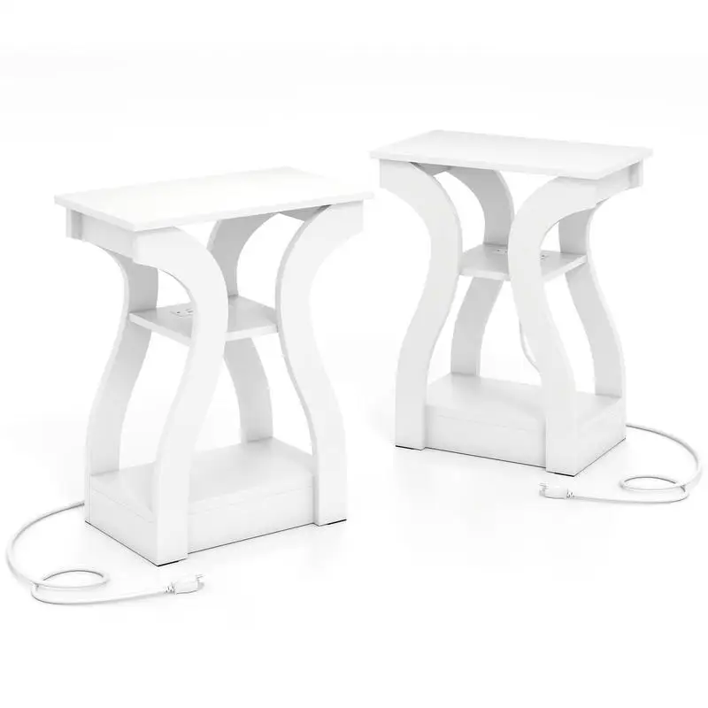 

3-Tier End Tables with Charging Station Set of 2 with Open Storage Shelves-White