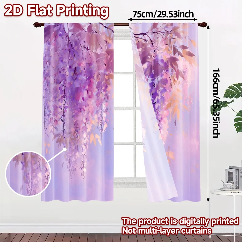 2pcs, 2D FLAT PRINTING Curtains (Without Rod) Wisteria Bliss Chic Chic Curtains Polyester Easy Install Curtains Room Decor