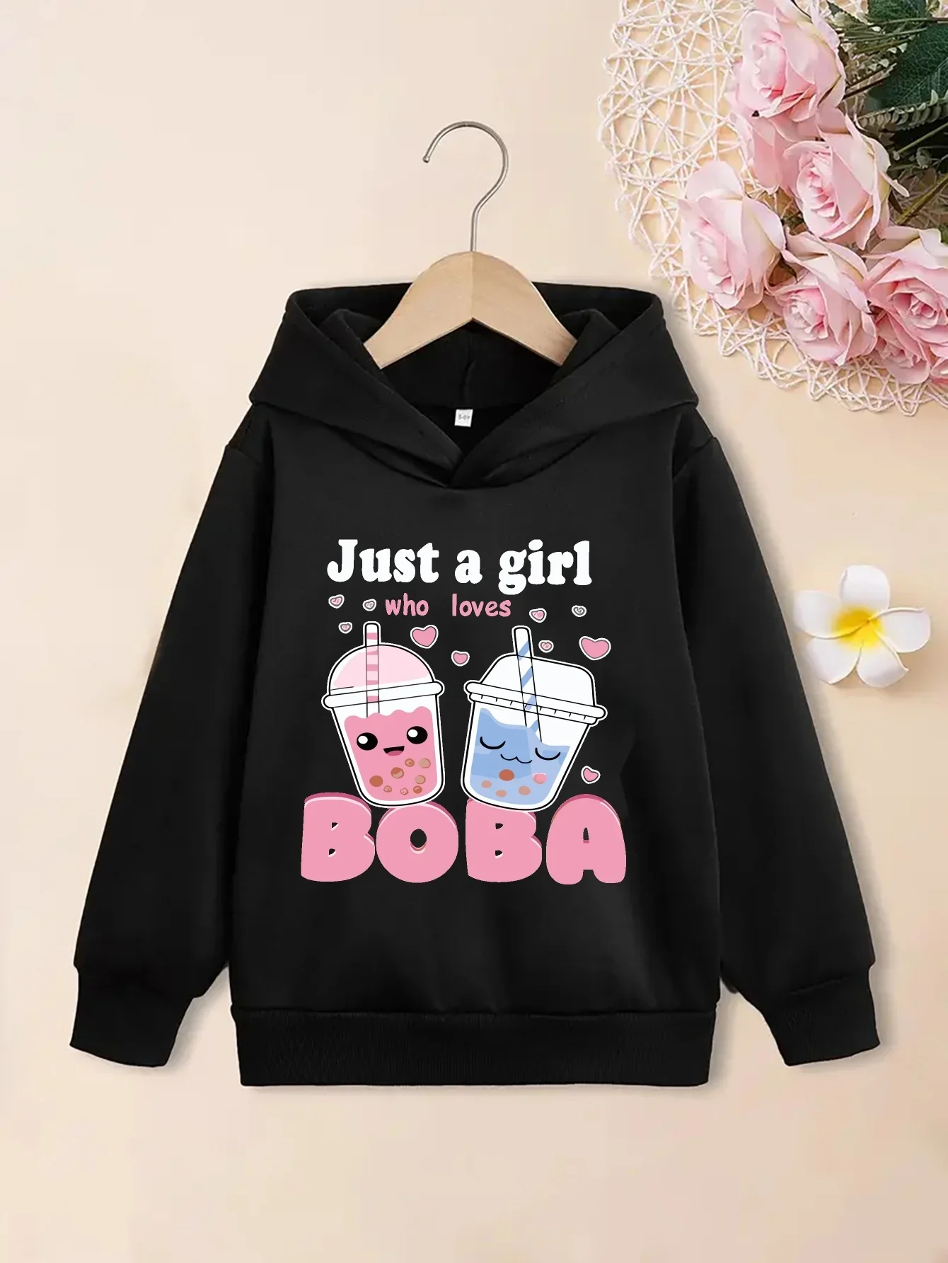 Kids Kawaii Boba Tea Print Hoodie Just A Girl Who Loves Boba Pullover Autumn Winter Fleece Warm Cute Children Hooded Sweatshirt