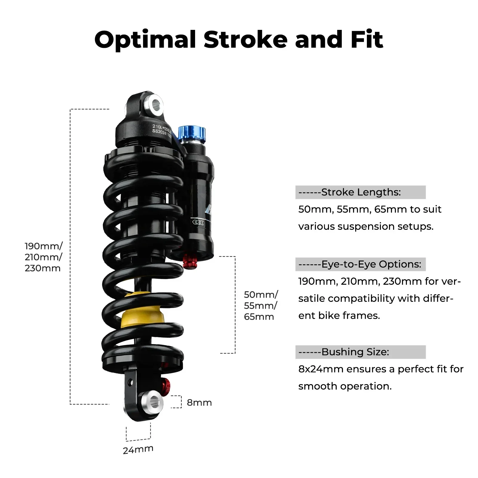 BOLANY 550lbs Mountain Bike Rear Absorber Spring Suspension Adjustable 190/210/230mm Bicycle Damping Cycling Accessorie